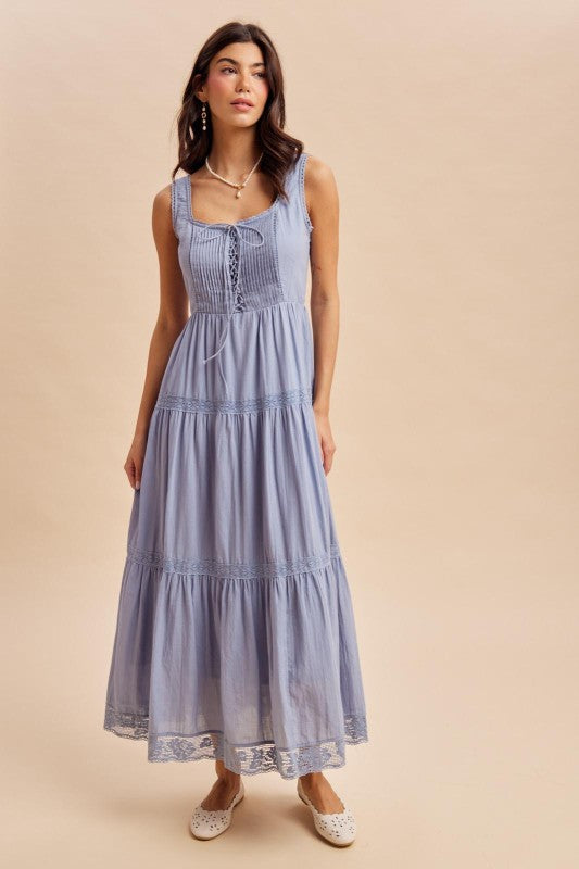 Kass Corset Lace up Romantic Cotton Sleeveless Maxi Dress Blue
