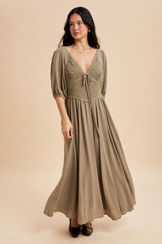 Annabeth Crochet Lace Bodice Olive Fern Maxi Dress