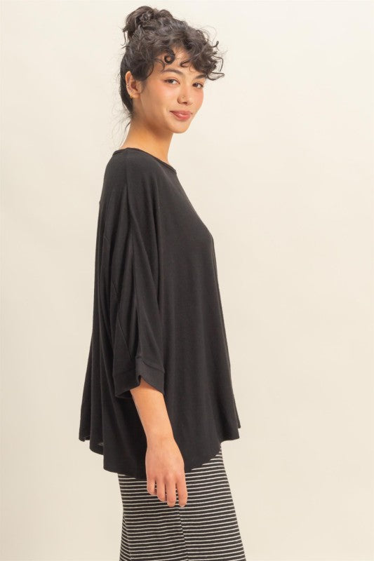 Batwing 3/4 Sleeve Oversized Top Black