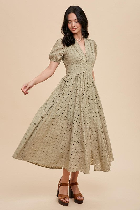 Lisa Cotton Eyelet Button Down Dress Olive Green