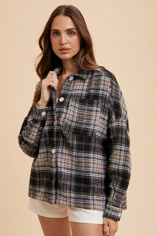 Oversized Plaid Black Brown Button Down Shacket