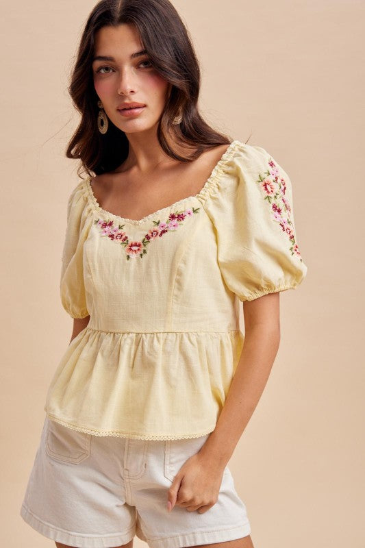 Adriana Cotton Embroidered Sweetheart Yellow Top