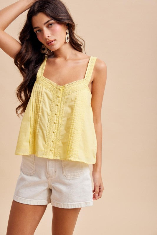 Roize Cotton Pintuck Lace Yellow Tank  Top