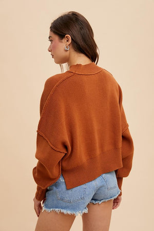 KNITTED MOCKNECK OVERSIZED SLIGHT CROPPED SLOUCHY FIT PULLOVER SWEATER