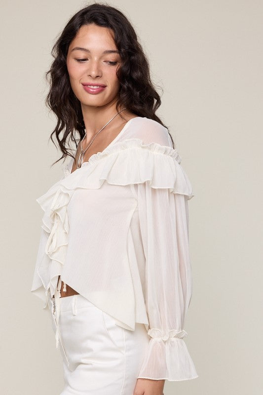 Sheer Long Flare Sleeve Ties Ruffle Lace Ivory Blouse