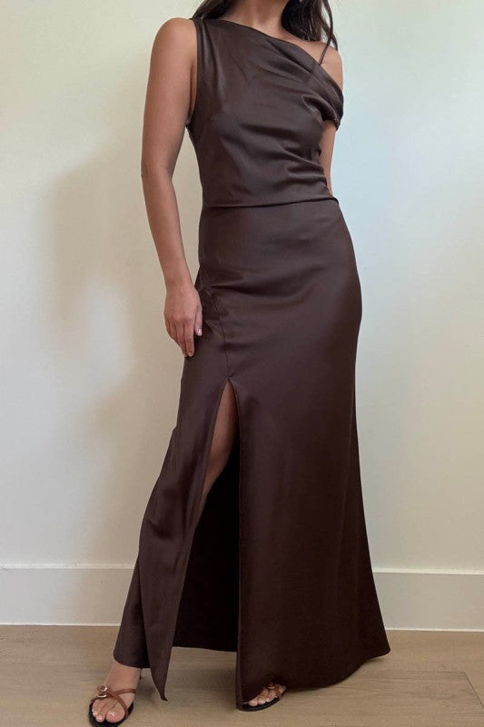 One Shoulder Front Slit Maxi Dress Espresso Brown