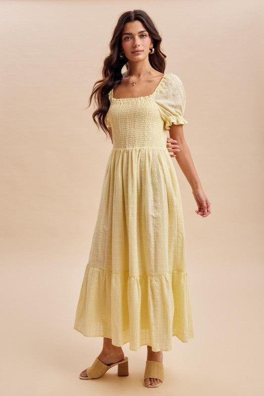 Telesia Smocked Eyelet Lace Yellow Maxi Dress