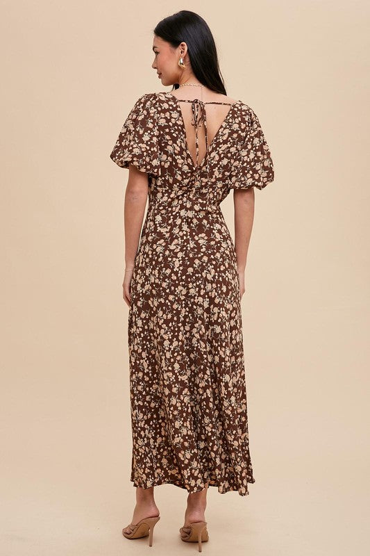 PUFF SLEEVE BIAS CUT  BROWN FLORAL DRESS