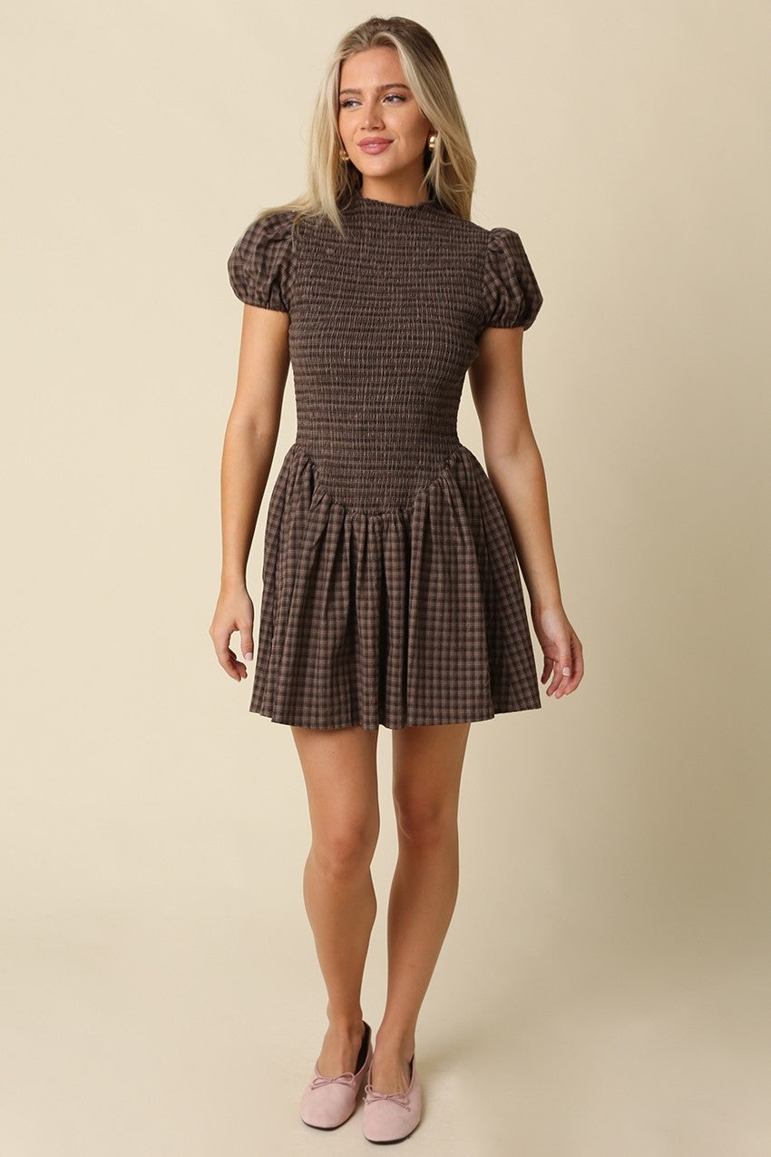 Susan Plaid Smocked Cotton Linen Brown Mini Dress