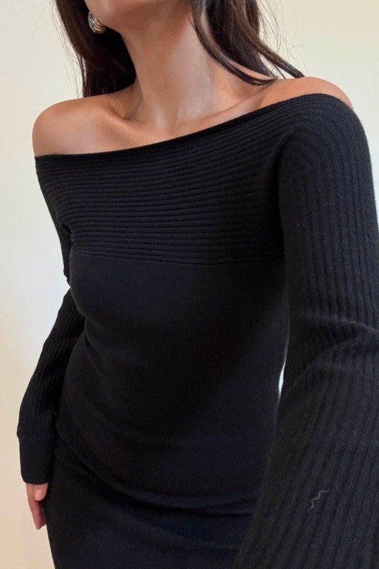 Off The Shoulder Knit Long Sleeves Maxi Dress Black