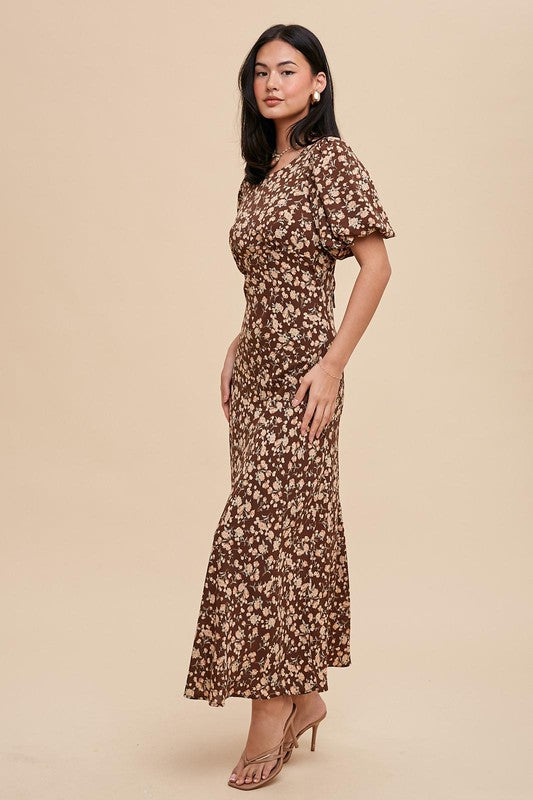 PUFF SLEEVE BIAS CUT  BROWN FLORAL DRESS