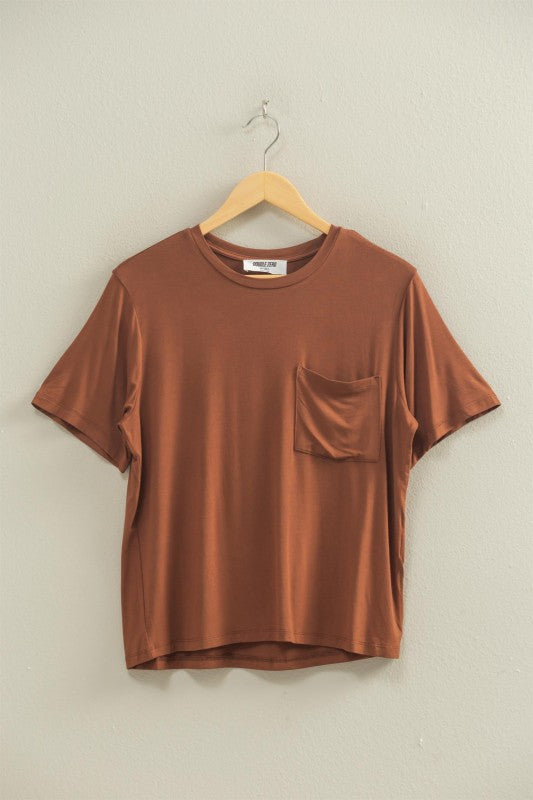 Classic Crew Neck Short Sleeve Pocket Top Chestnut Brown