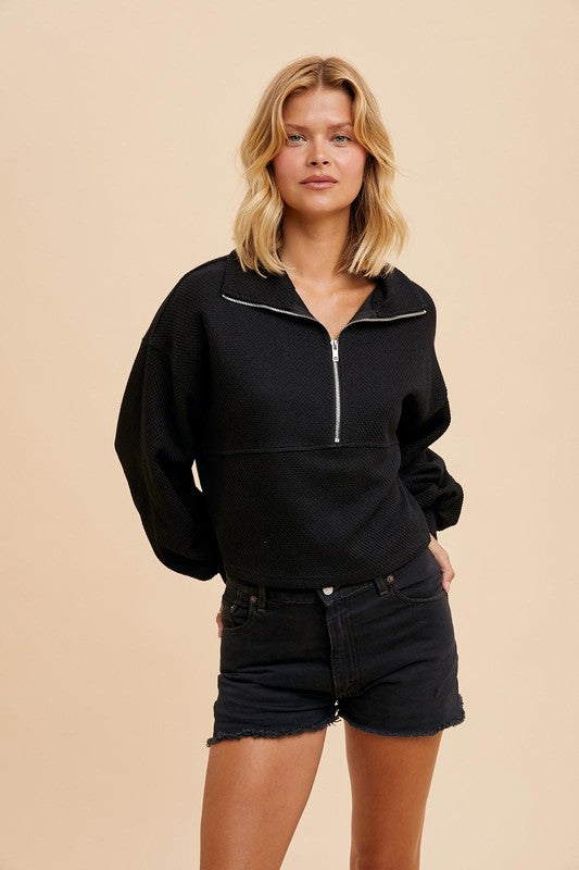 Cotton Thermal Cropped Half Zip Pullover Black