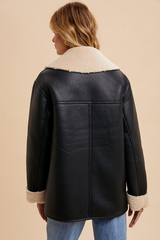 VEGAN FAUX LEATHER SHEARLING COAT