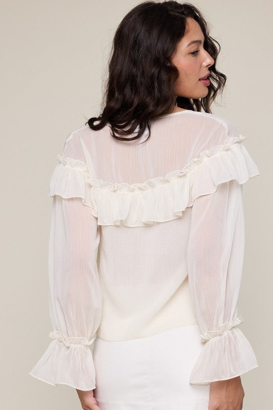 Sheer Long Flare Sleeve Ties Ruffle Lace Ivory Blouse
