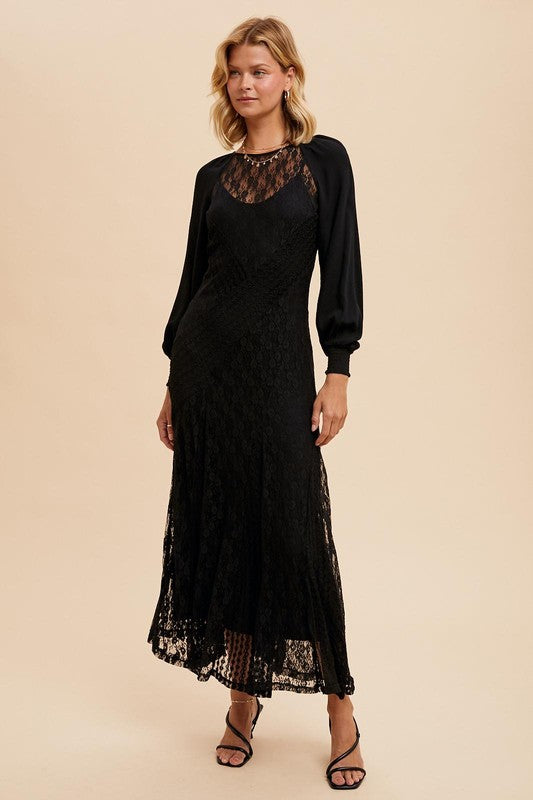 RAGLAN VINTAGE LACE PANELED DRESS BLACK