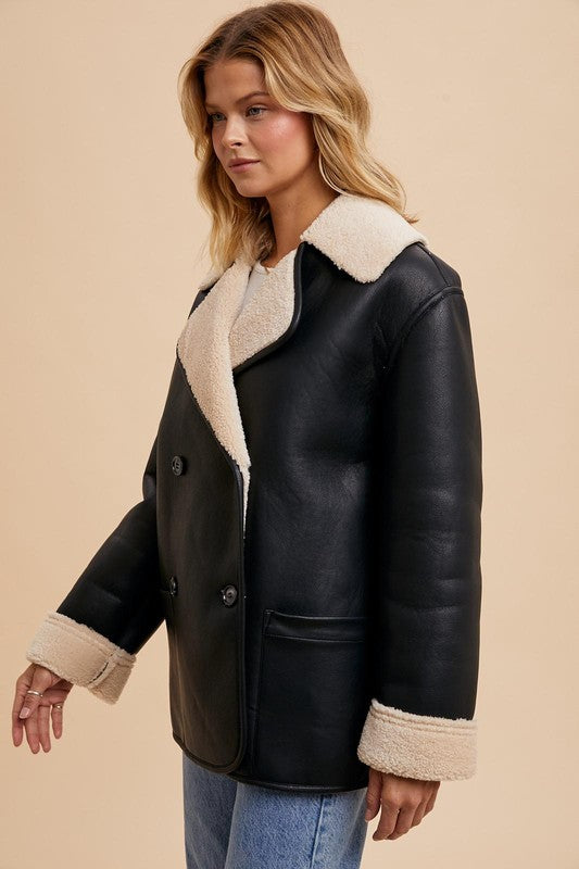 VEGAN FAUX LEATHER SHEARLING COAT