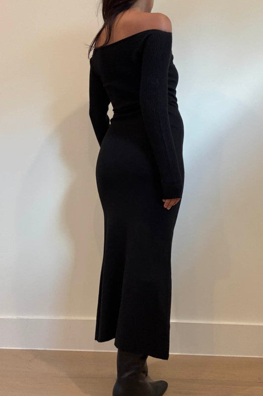 Off The Shoulder Knit Long Sleeves Maxi Dress Black