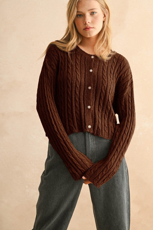 Light Weight Cable Knitted Cardigan Espresso Brown