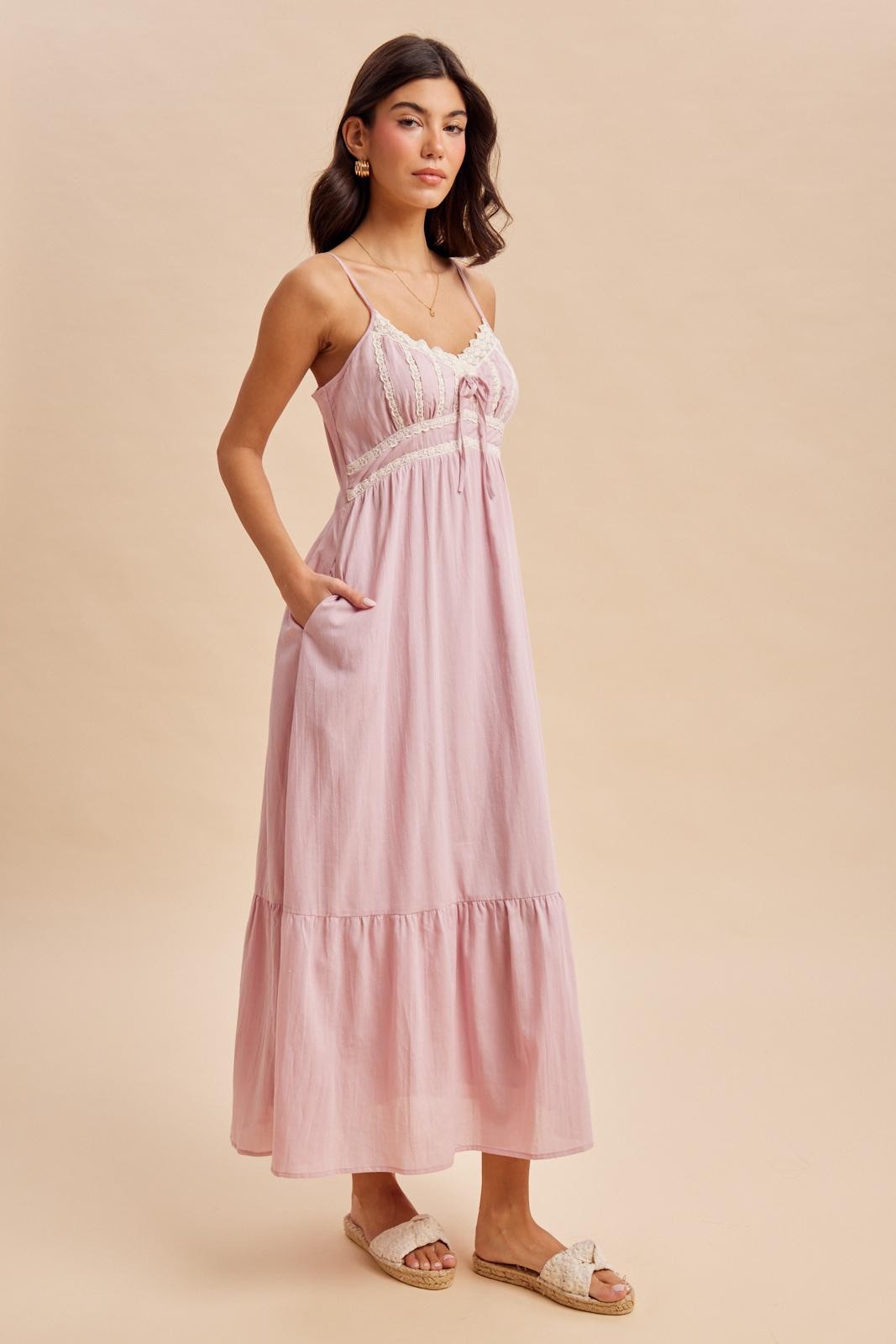 Ashley Lace Detail Cotton Pink Maxi Dress