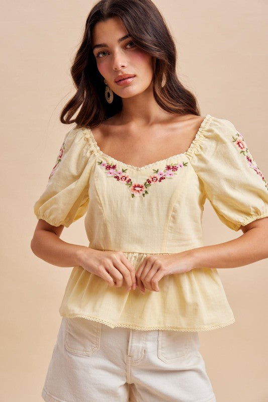 Adriana Cotton Embroidered Sweetheart Yellow Top