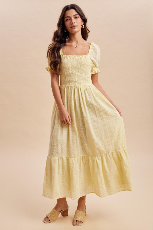 Telesia Smocked Eyelet Lace Yellow Maxi Dress