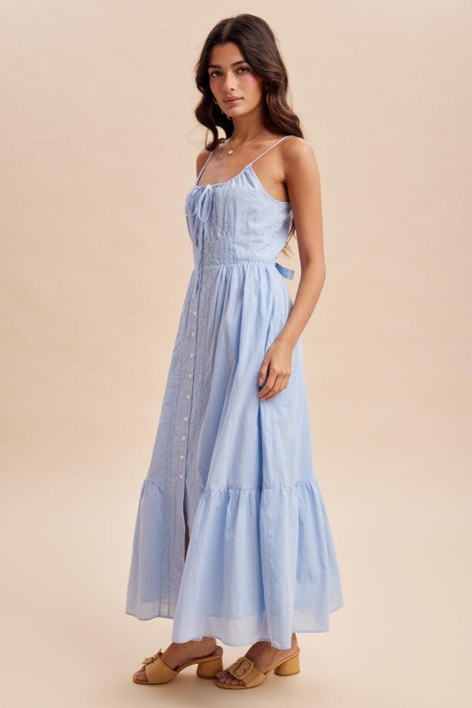 Susan Gathered Cotton Button Down Blue Maxi Dress