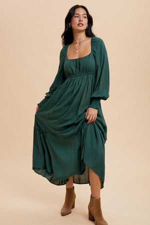 GATHERED LONG SLEEVE SQUARE NECK MAXI DRESS