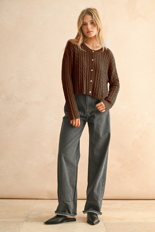 Light Weight Cable Knitted Cardigan Espresso Brown