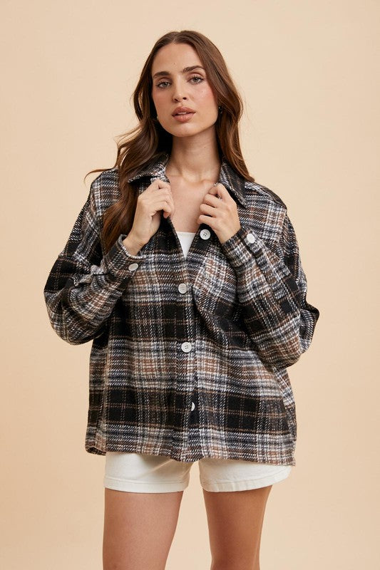 Oversized Plaid Black Brown Button Down Shacket