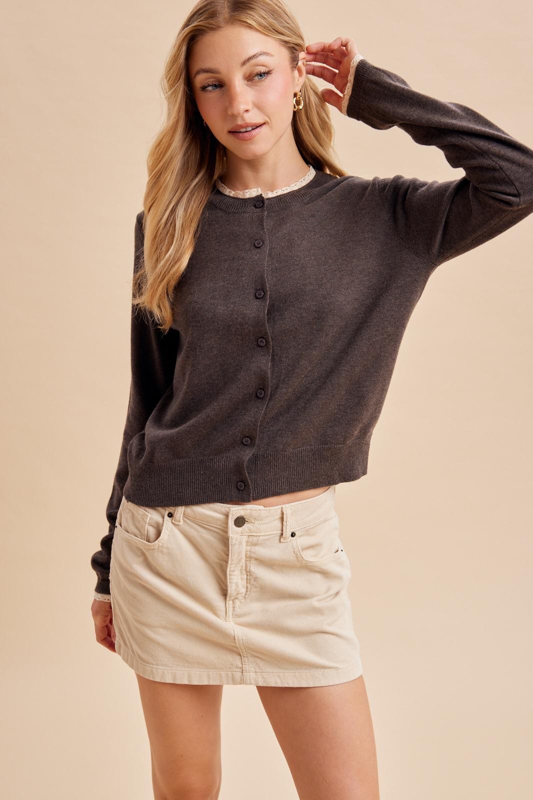 Fine Knit Lace Espresso Brown Cardigan