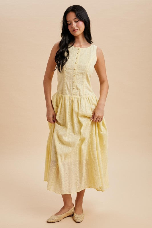 Joy Drop Waist Eyelet Embroidered Butter Yellow Maxi Dress