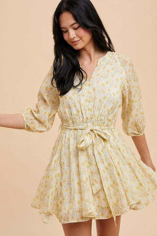 FLORAL FLARE SKIRT BUTTON DRESS Butter Yellow