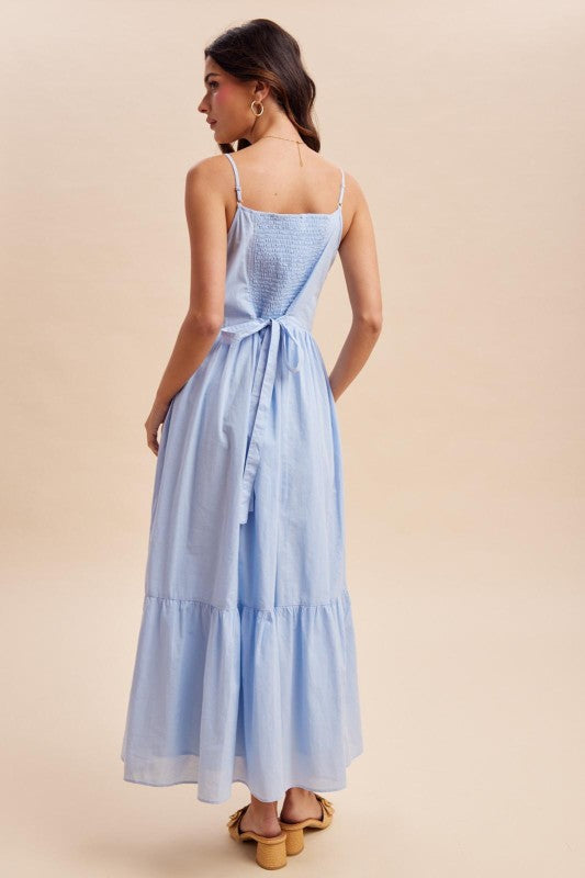 Susan Gathered Cotton Button Down Blue Maxi Dress