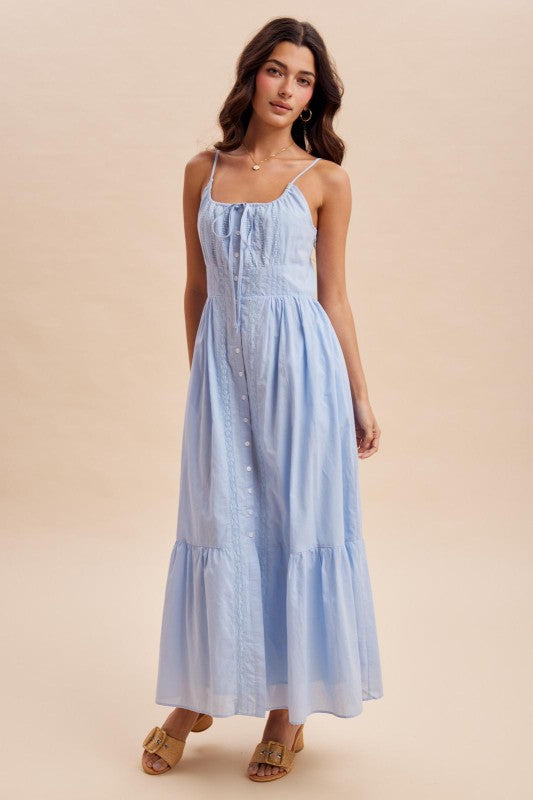 Susan Gathered Cotton Button Down Blue Maxi Dress