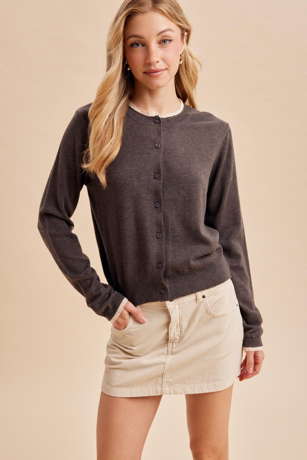Fine Knit Lace Espresso Brown Cardigan