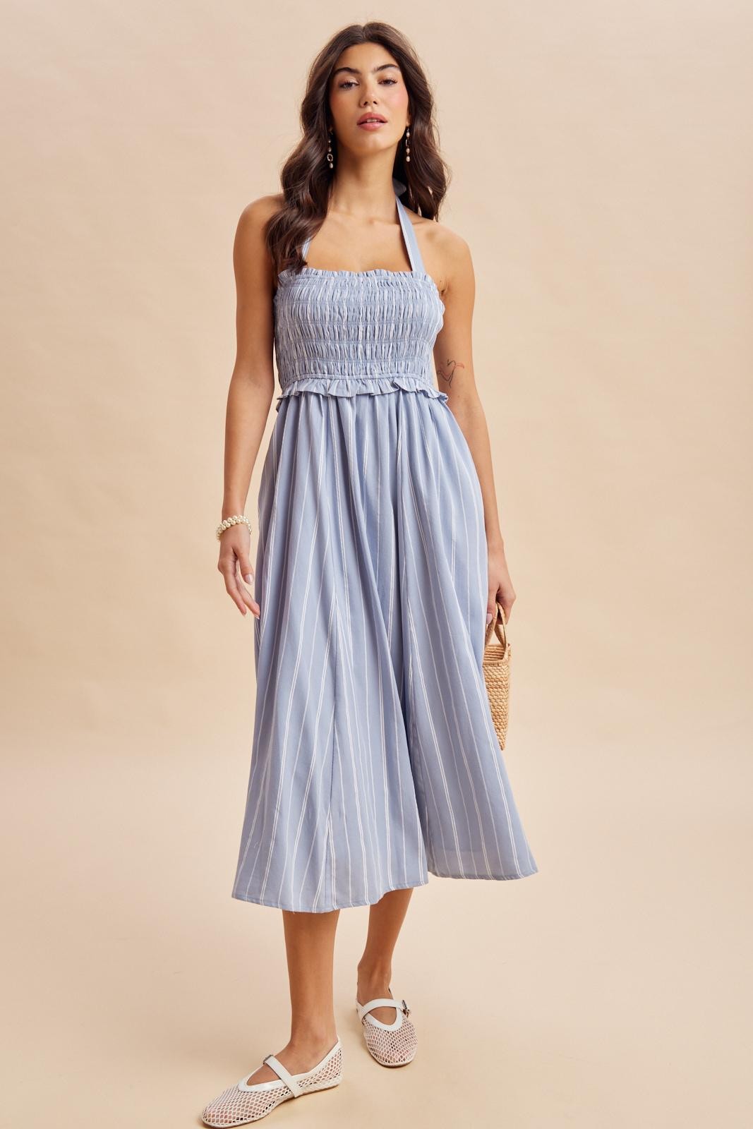 Jennifer Smocked Halter Cotton Midi Dress Small