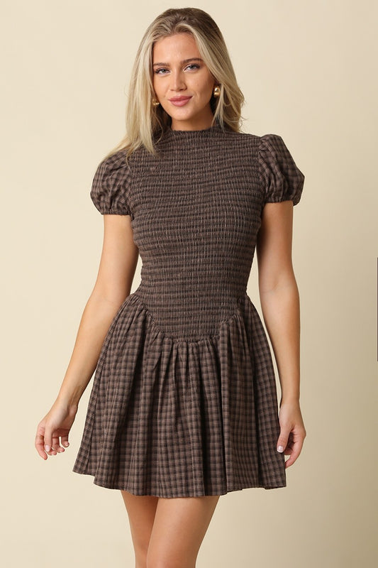 Susan Plaid Smocked Cotton Linen Brown Mini Dress