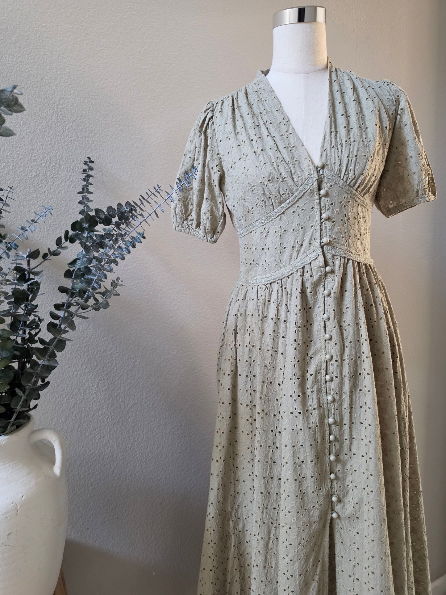 Lisa Cotton Eyelet Button Down Dress Olive Green