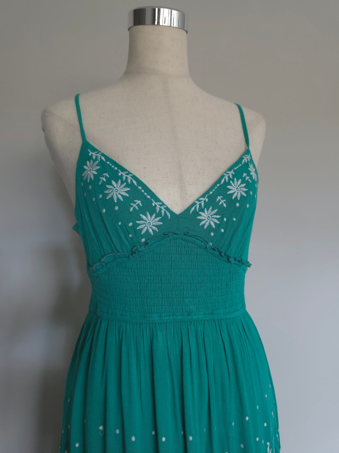 Audrey Smocked Waist Embroidered Sea Green Maxi Tiered Dress