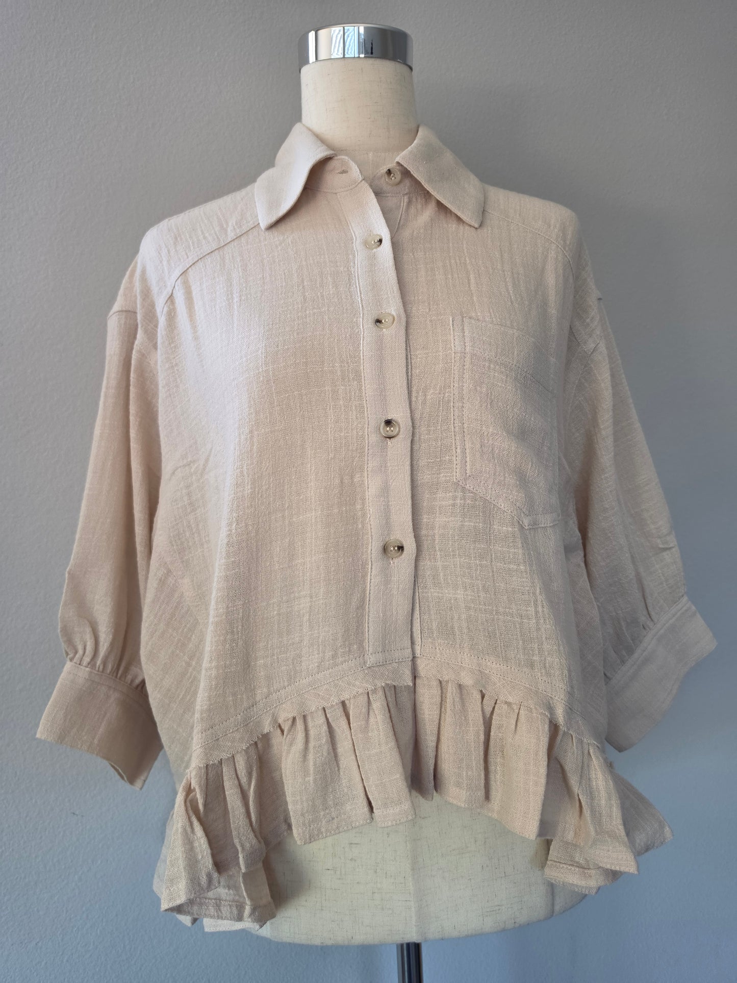 Nicole Cotton Oversized Button Front Ruffle Hem Top