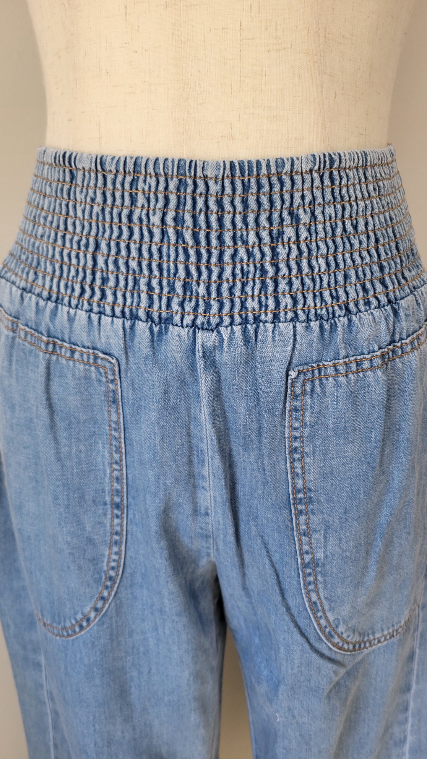 Wendy Wide Smocked Waistband Barrel Cotton Denim Pants