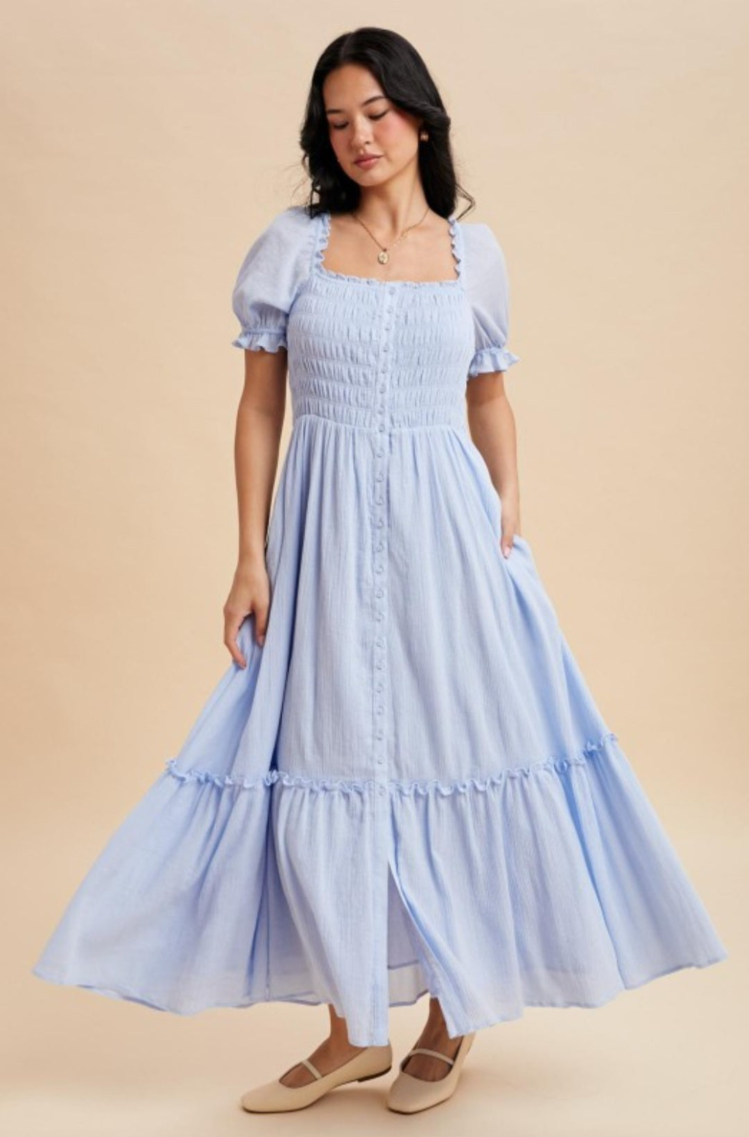 Karen Smocked Button Down Blue Aura Maxi Dress
