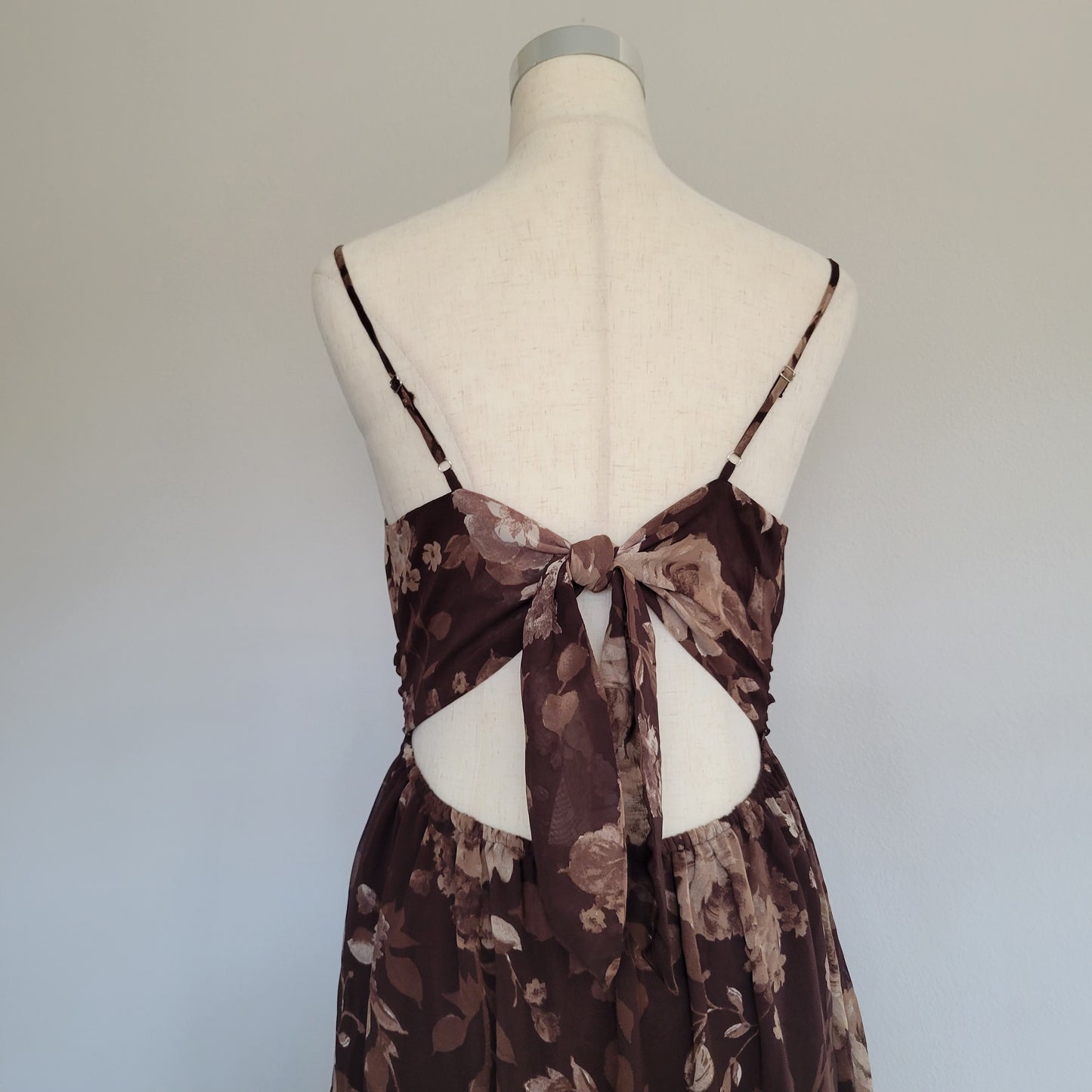 Floral Tie Back Slit Midi Dress Brown