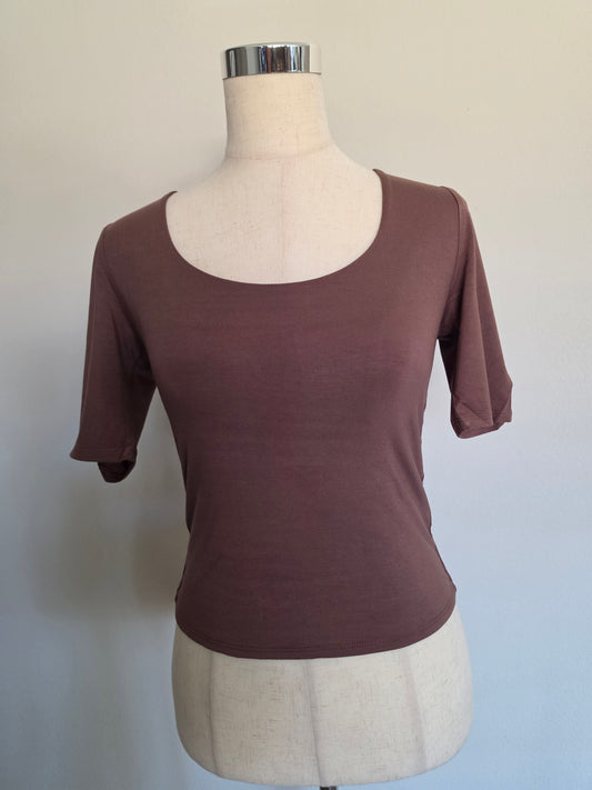 Soft Double Layer Short Sleeve Cropped Top Brown