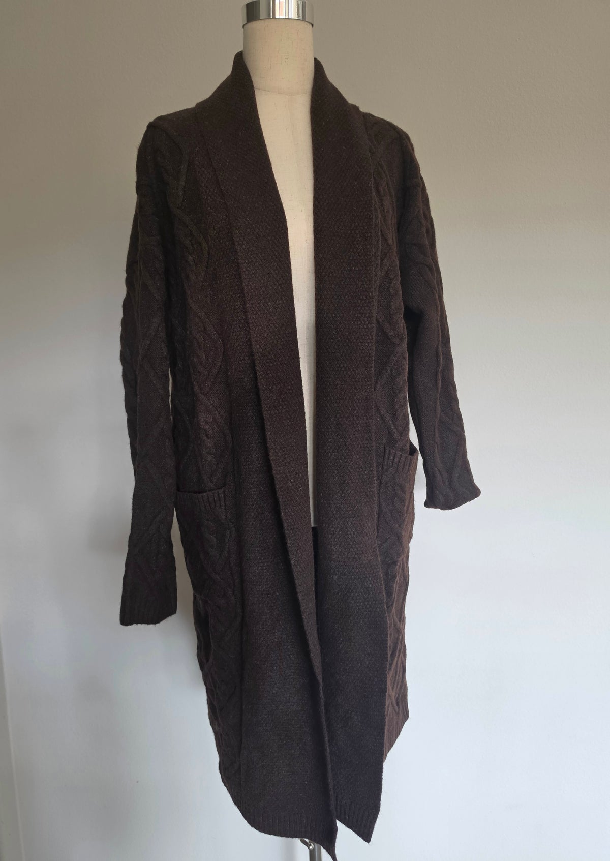 Longline Cable Textured Knit Shawl Collar Espresso Brown Open Cardigan