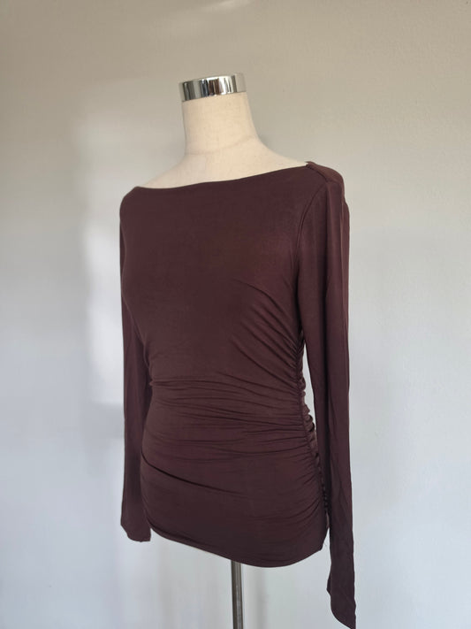 Ruched Double Layered Long Sleeve Top Espresso Brown