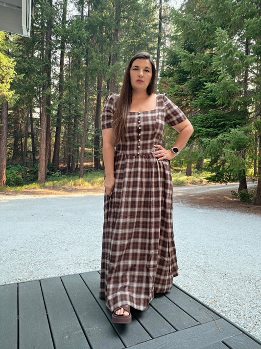 Drop Waist Square Neckline Plaid Cotton Dress