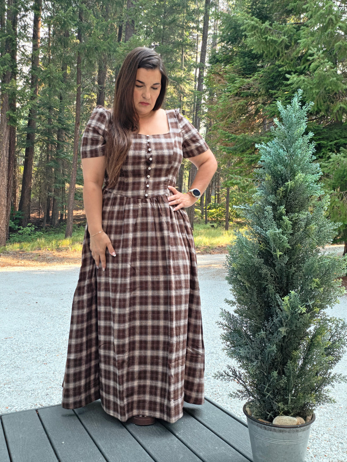 Drop Waist Square Neckline Plaid Cotton Dress