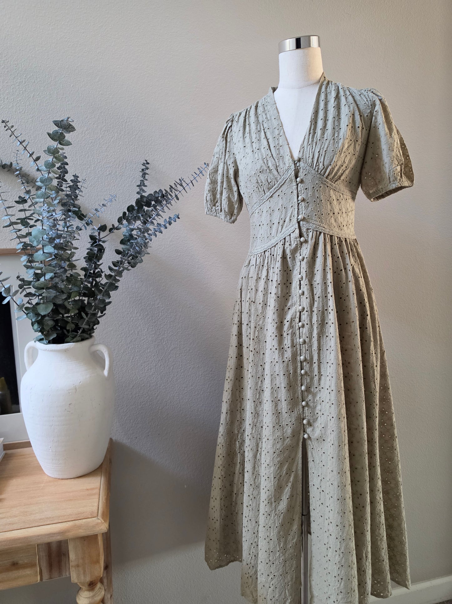Lisa Cotton Eyelet Button Down Dress Olive Green